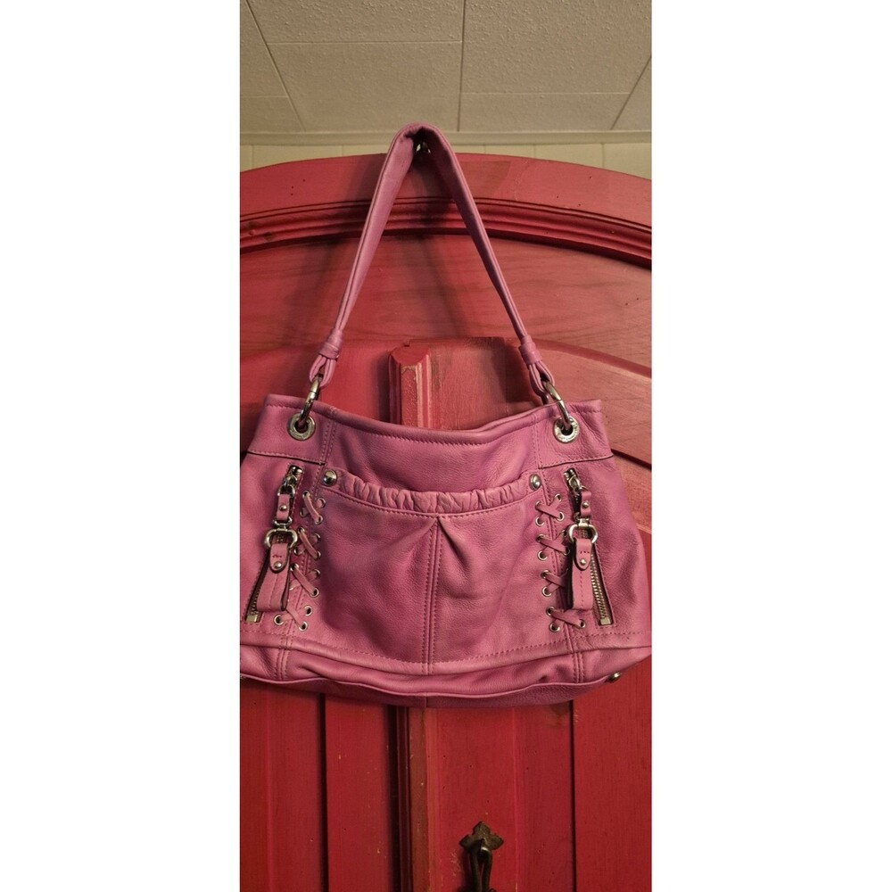 B. Makowsky Pink Leather Shoulder Bag Corset Lace Up Satchel Hobo Purse EUC